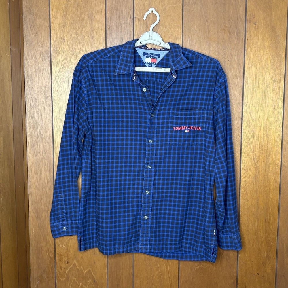 Vintage Y2K Tommy Jeans‎ Shirt Men's XL Blue Black Flannel Logo Grunge Skater